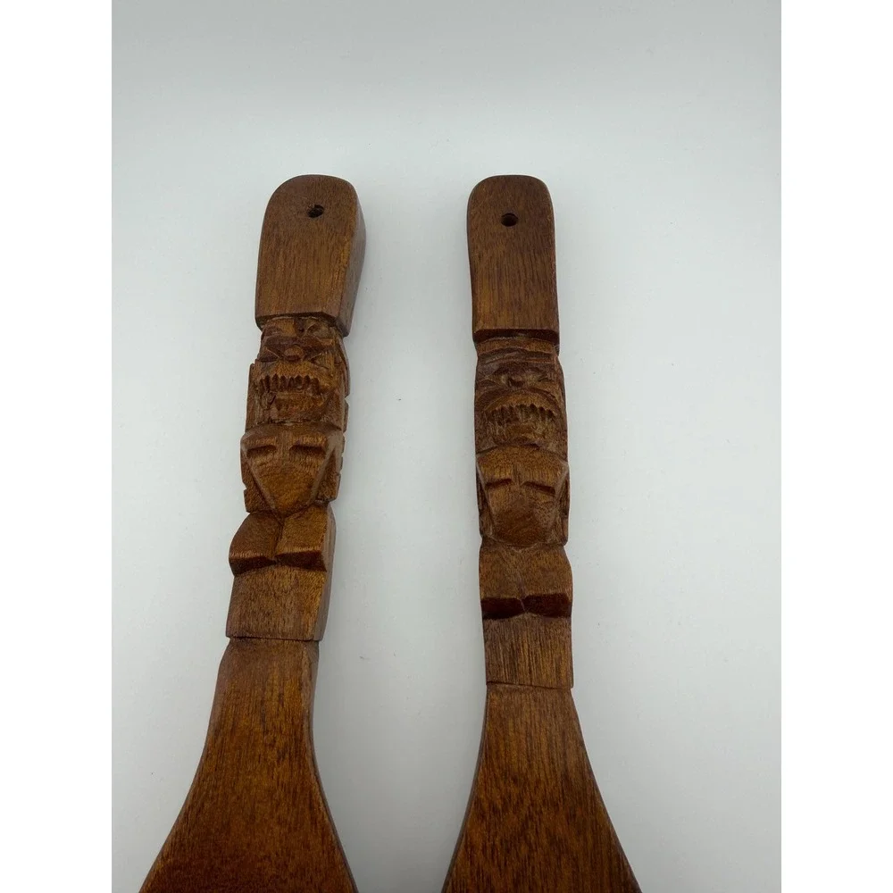 Vintage Hand Carved Wooden Tiki Salad Servers 12 Inch Wood Fork Spoon Set MCM